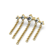 Angled close-up of 14K yellow gold Evenfall earring showing five-stone CZ bar and dangling chain fringe detail