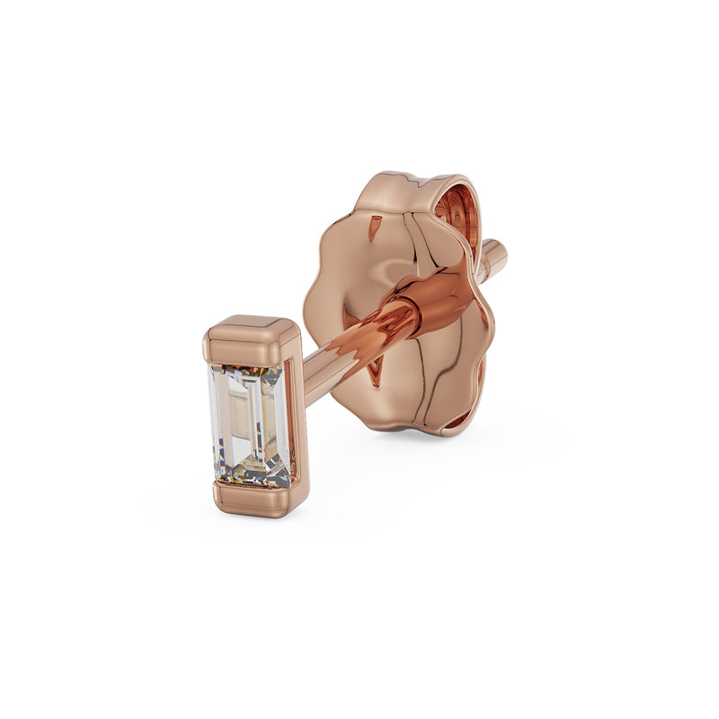 14K rose gold baguette diamond stud earring angled view showing bezel setting and butterfly back