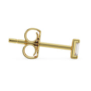 Horizontal side view of 14K yellow gold baguette diamond stud showing post length and butterfly back