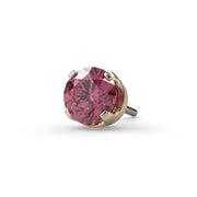 Close-up of 3mm pink diamond threadless end in 14k yellow gold prong setting with push-pin post visible