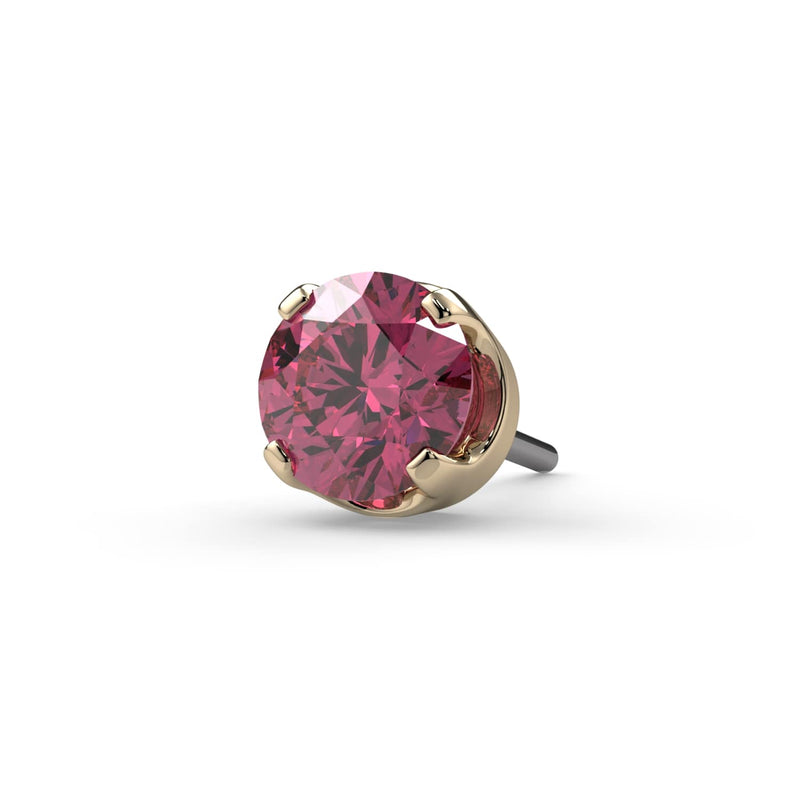 Close-up of 3mm pink diamond threadless end in 14k yellow gold prong setting with push-pin post visible