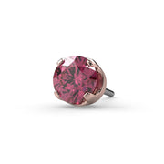 Close-up of 3mm pink diamond threadless end in 14k rose gold four-prong setting with push-pin post visible