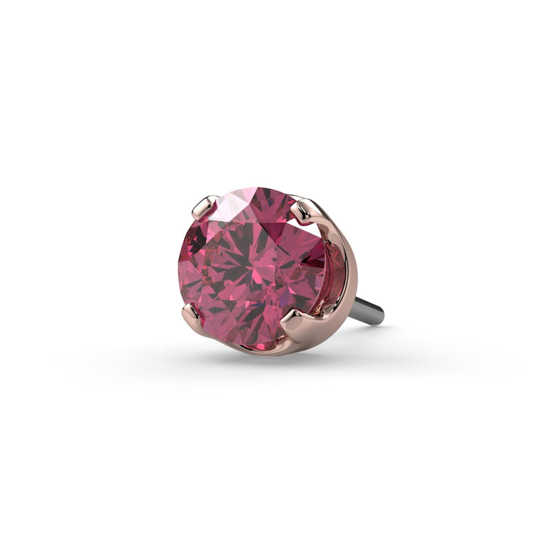 Close-up of 3mm pink diamond threadless end in 14k rose gold four-prong setting with push-pin post visible