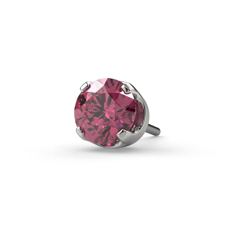Close-up of 3mm pink diamond threadless end in 14k white gold four-prong setting with push-pin post visible