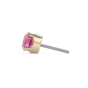 Side profile of 14k yellow gold 3mm pink diamond threadless end showing prong height and straight push-pin post