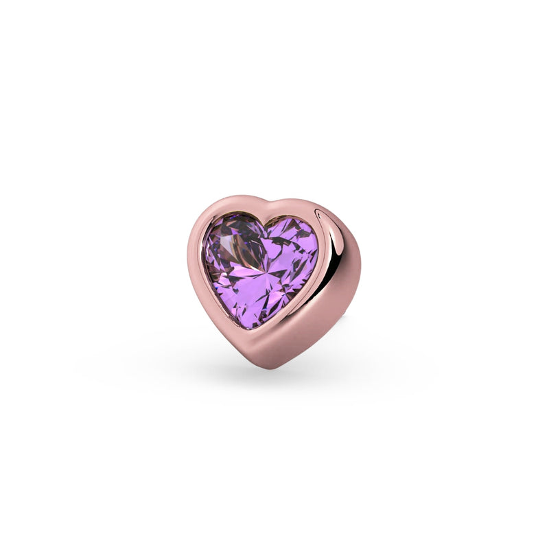 Close-up front view of 14k rose gold amethyst heart labret end showing bezel setting and faceted stone