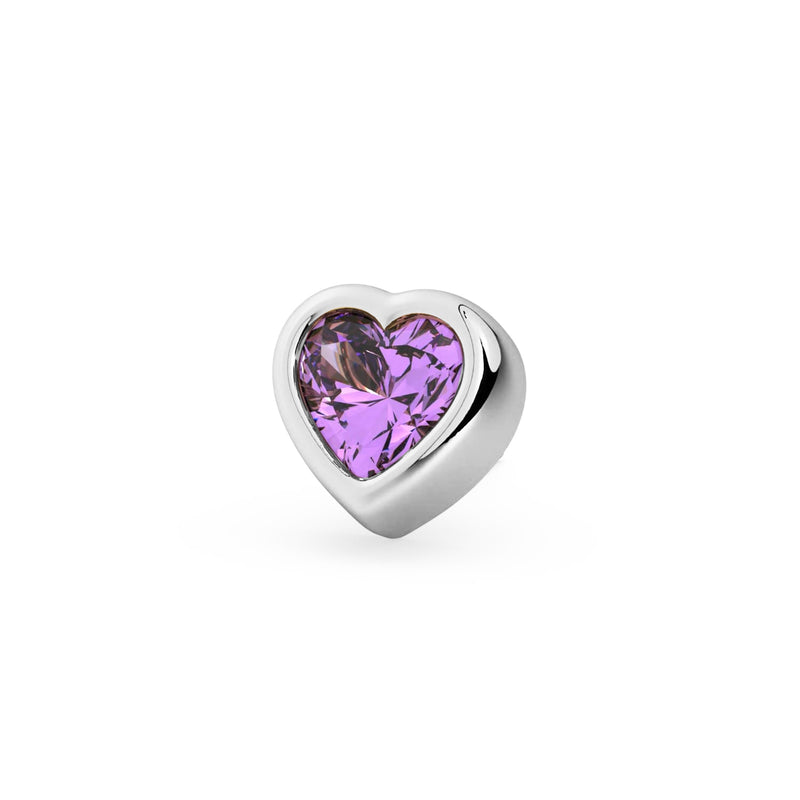 Close-up front view of 14k white gold amethyst heart labret end with polished bezel setting