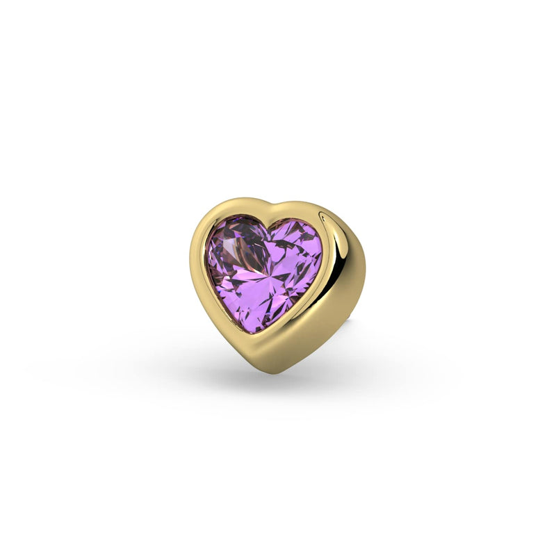 Close-up front view of 14k yellow gold amethyst heart labret end, bezel-set stone detail