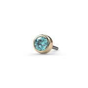 14k yellow gold 2mm aqua diamond bezel end only with threadless push-pin post, front-angled close-up