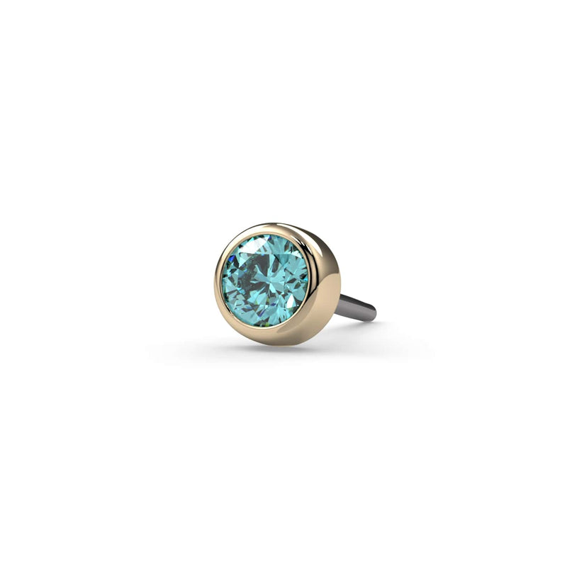 14k yellow gold 2mm aqua diamond bezel end only with threadless push-pin post, front-angled close-up