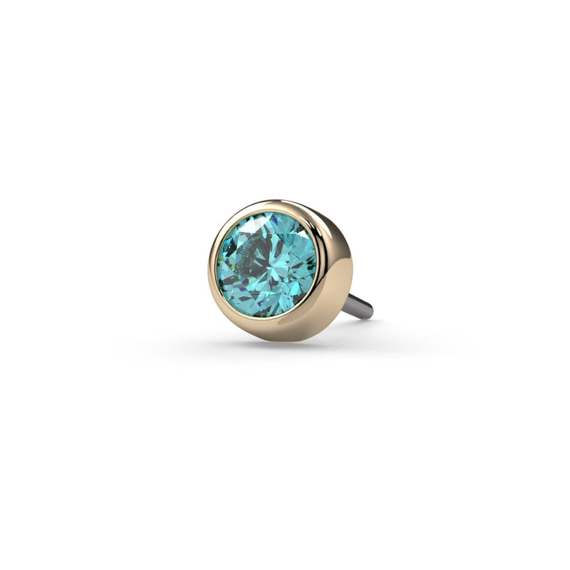 14K yellow gold aqua diamond bezel labret end only, front view highlighting aqua blue stone facets