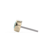 Side profile of 14K yellow gold aqua diamond bezel end only, showing low-profile setting and pin