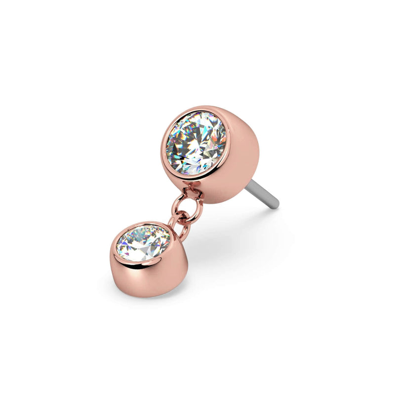14k rose gold bezel diamond dangle push-pin stud end, angled view showing threadless titanium pin