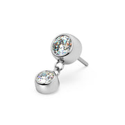 14k white gold bezel gem dangle threadless stud end with two CZ stones, angled view