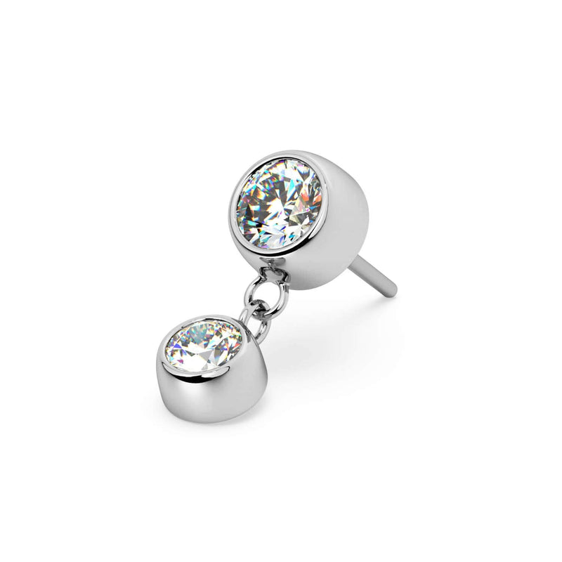 14k white gold bezel diamond dangle push-pin stud end, angled view showing threadless titanium pin