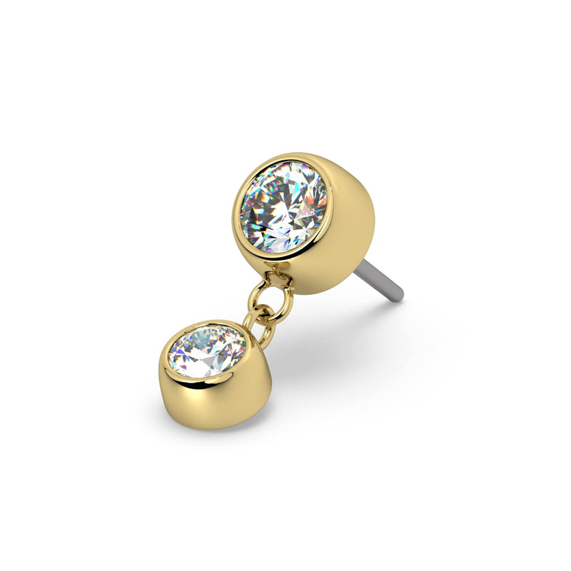 14k yellow gold bezel diamond dangle push-pin stud end, angled view showing threadless titanium pin