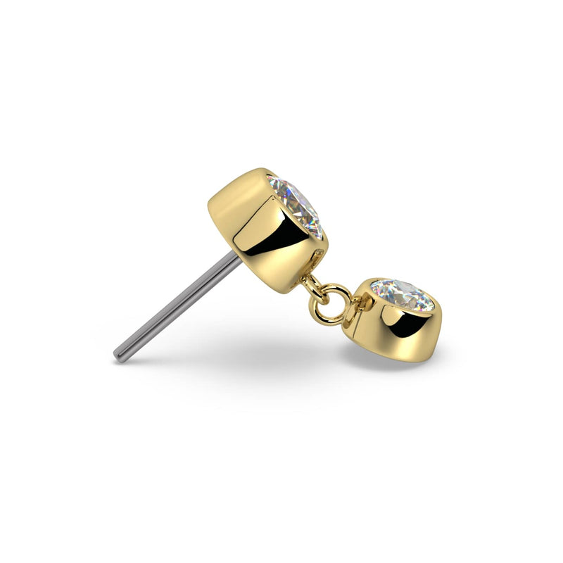 Side profile of 14k yellow gold bezel dangle stud end showing threadless pin and post