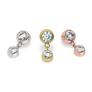 Bezel gem dangle threadless stud end in all three colors: white gold, yellow gold, rose gold