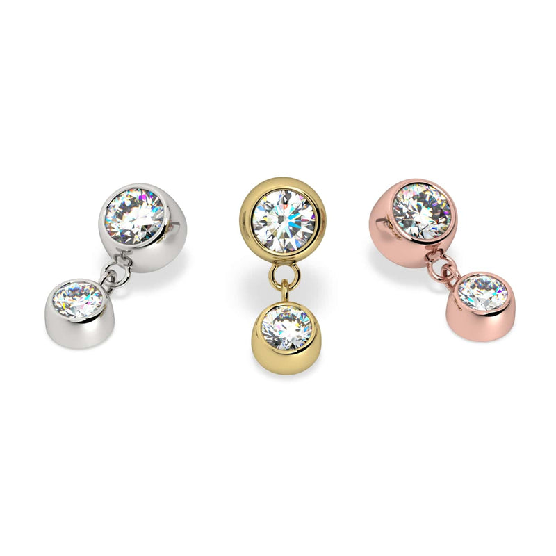 Bezel gem dangle threadless stud end in all three colors: white gold, yellow gold, rose gold
