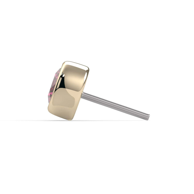 Side profile of 14k yellow gold 3mm pink diamond bezel end only, showing push-pin post at full length