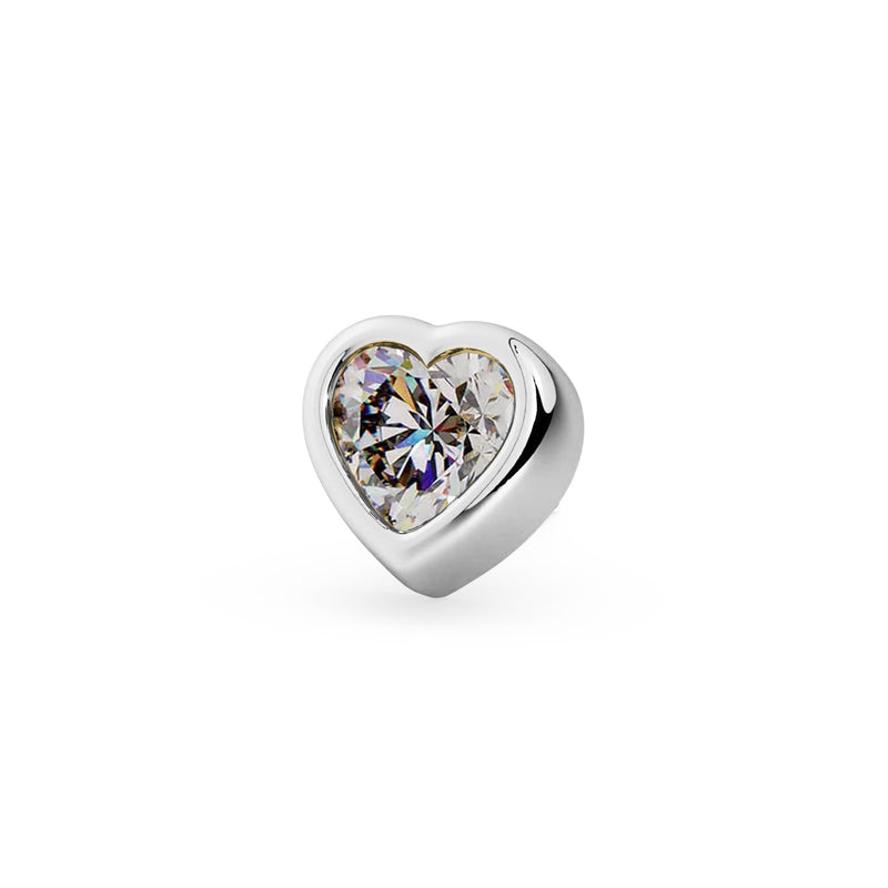 14k white gold diamond heart labret end only, close-up front view of bezel-set diamond