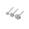 Polished silver-tone dome threadless push pin ends in three sizes showing size progression, front view