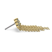 Side profile of 14k yellow gold Evenfall threadless end showing post pin and cascading chain dangle depth
