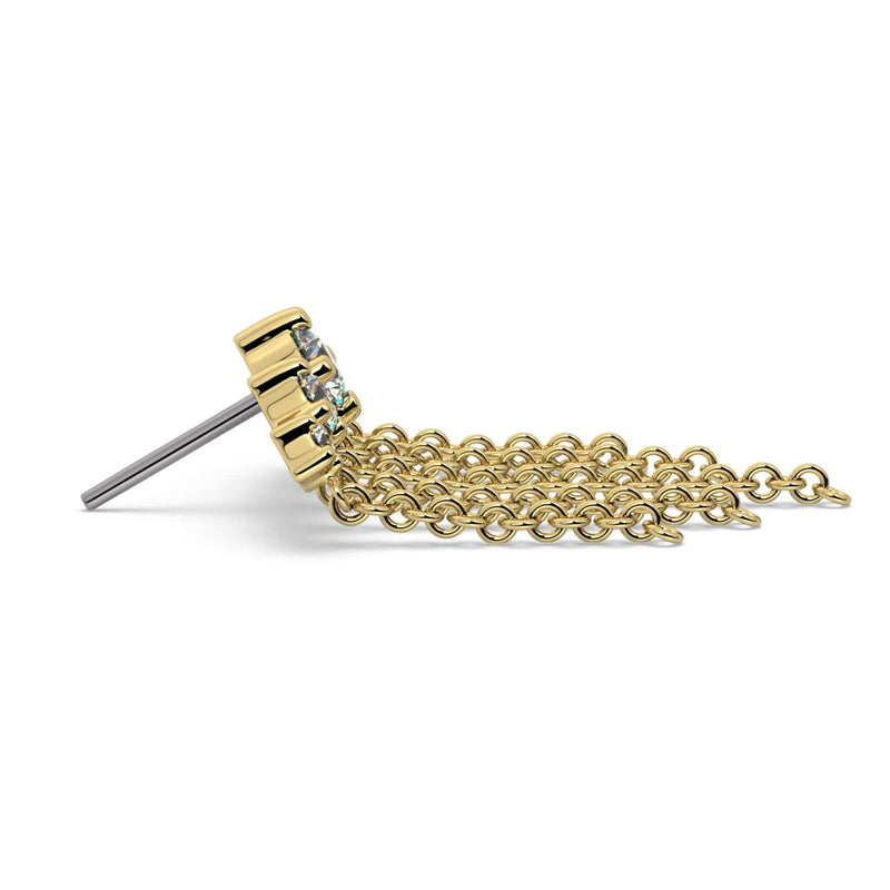 Side profile of 14k yellow gold Evenfall threadless end showing post pin and cascading chain dangle depth