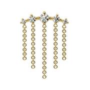14k yellow gold Evenfall dangle threadless stud end with 5 CZ gems and cascading chain fringe, front view