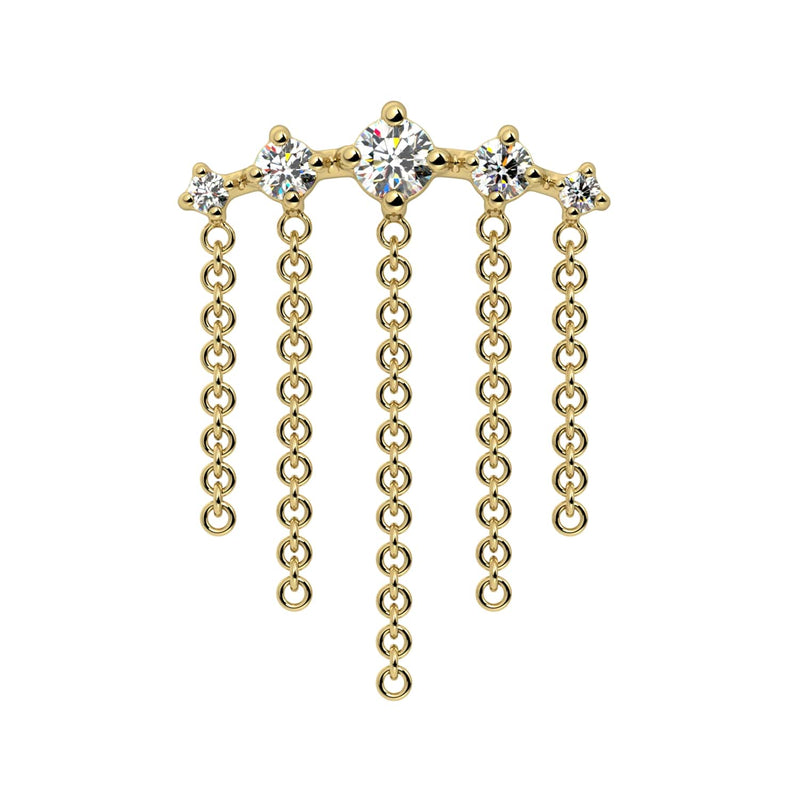 14K yellow gold Evenfall dangle lobe earring, front view showing graduated CZ bar with five cascading chains