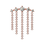 14k rose gold Evenfall dangle threadless stud end with CZ constellation bar and five delicate chain drops