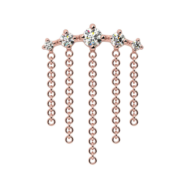 14K rose gold Evenfall dangle lobe earring, front view with five-stone CZ constellation bar and chain fringe