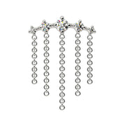 14K white gold Evenfall dangle lobe earring, front view with sparkling CZ bar and five cascading chain strands
