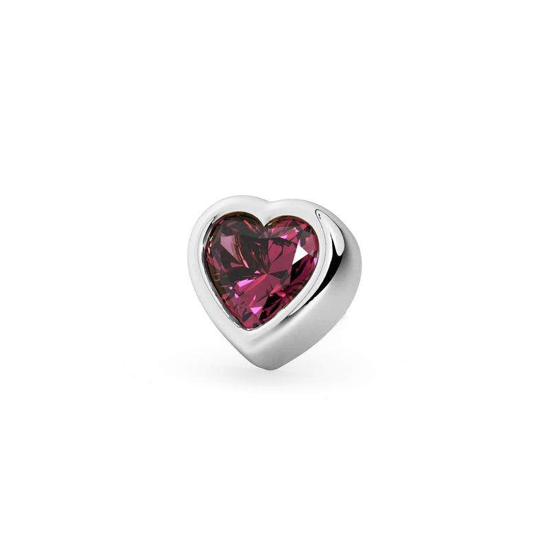 Close-up front view of 14k white gold heart bezel stud showing rhodolite garnet end-only threadless top