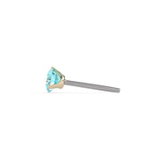 Side profile of 14k yellow gold aqua diamond threadless end showing pin post and prong height