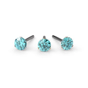 Aqua diamond Lumina 3-prong threadless ends shown in white gold, yellow gold, and rose gold options
