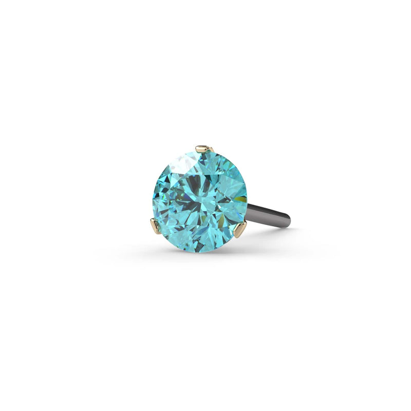 14k yellow gold aqua diamond Lumina threadless end, larger stone size, elevated angled view