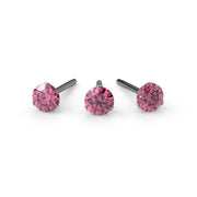 All three metal options for pink diamond 3-prong threadless stud: white gold, yellow gold, and rose gold