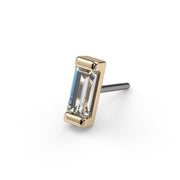 14k yellow gold baguette diamond push pin end, angled view showing threadless pin post and bar setting