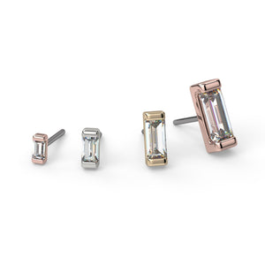 14k gold baguette diamond threadless push pin ends shown in all four sizes and three metal colors