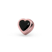 Close-up front view of 14k rose gold heart stud end showing bezel-set black onyx gemstone detail