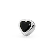 Close-up front view of 14k white gold heart stud end showing bezel-set black onyx gemstone detail