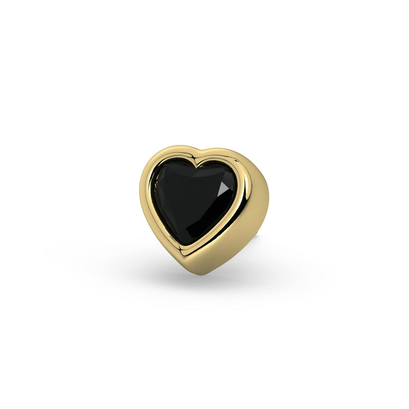 Close-up front view of 14k yellow gold heart stud end showing bezel-set black onyx gemstone detail