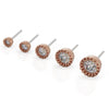 14k rose gold diamond perlage threadless ends in five sizes, front-facing angled view