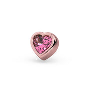 Close-up front view of 14k rose gold bezel-set pink sapphire heart stud end only