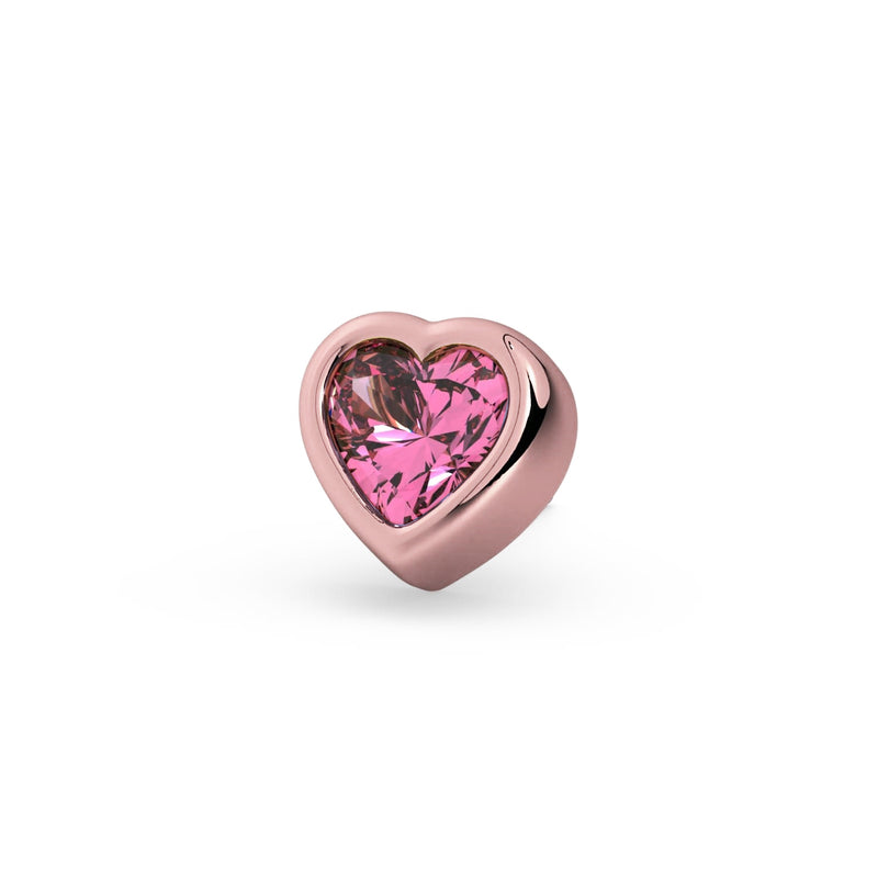 Close-up front view of 14k rose gold bezel-set pink sapphire heart stud end only