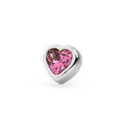 Close-up front view of 14k white gold bezel-set pink sapphire heart stud end only