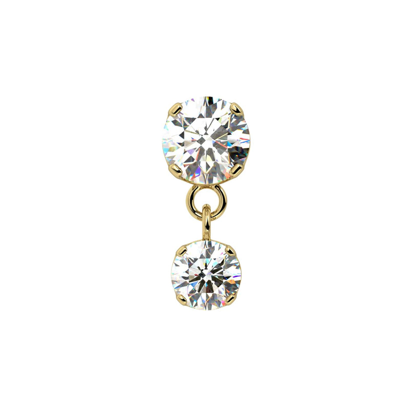 14k yellow gold prong gem dangle threadless end, front view showing two prong-set round CZ stones