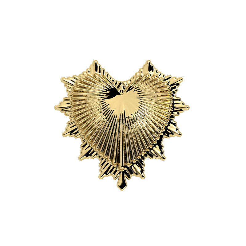 14k yellow gold radiant heart threadless stud end, front view showing sunburst ridged detail