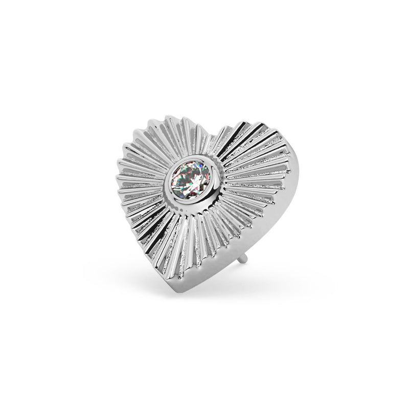 14k white gold sunburst heart threadless push-pin end only, angled side profile showing pin post